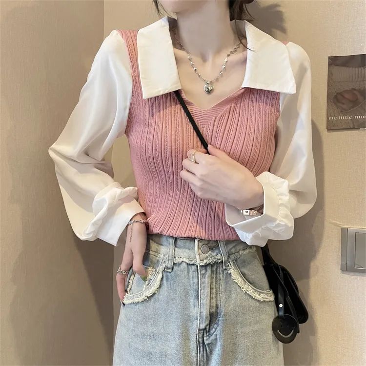 Autumn V-neck design niche splicing lapel lantern sleeve fake two-piece short knitted top women's long-sleeved shirt