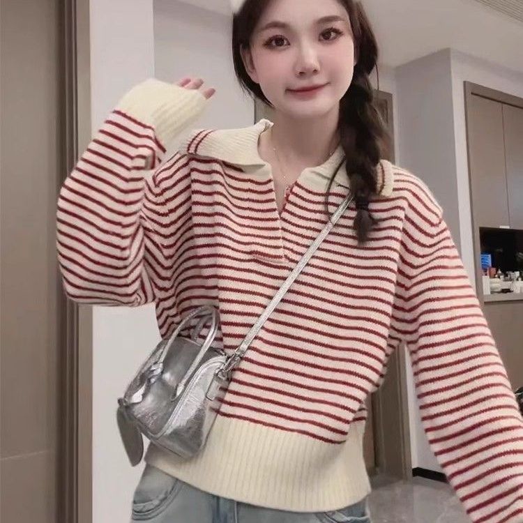 條紋針織衫女士2023秋季新款小個子設計感小眾寬鬆上衣POLO領毛衣