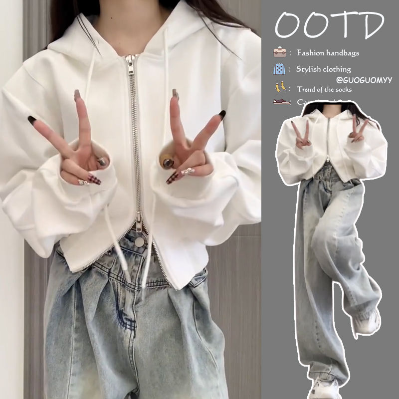 A complete set of gentle autumn outfits for women,  new Korean style loose zipper sweatshirt and jeans two-piece set