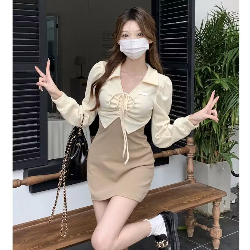 法式純欲早秋氣質時尚顯瘦辣妹polo領連衣裙系帶秋季款抽褶包臀裙