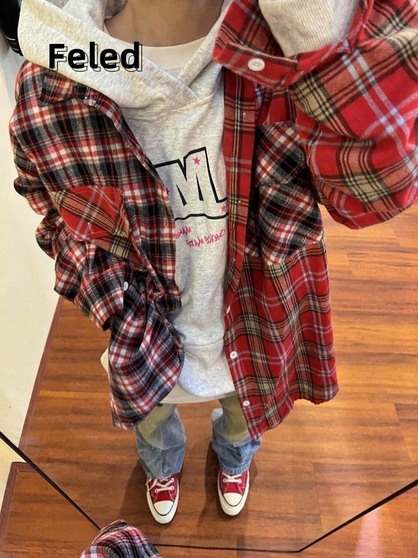 飛拉丹頓早秋新款美式寬鬆復古拼接格子襯衫男女長袖休閒潮上衣