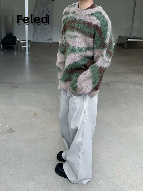 飛拉丹頓美式復古撞色針織毛衣男女百搭慵懶風休閒中性氣質上衣