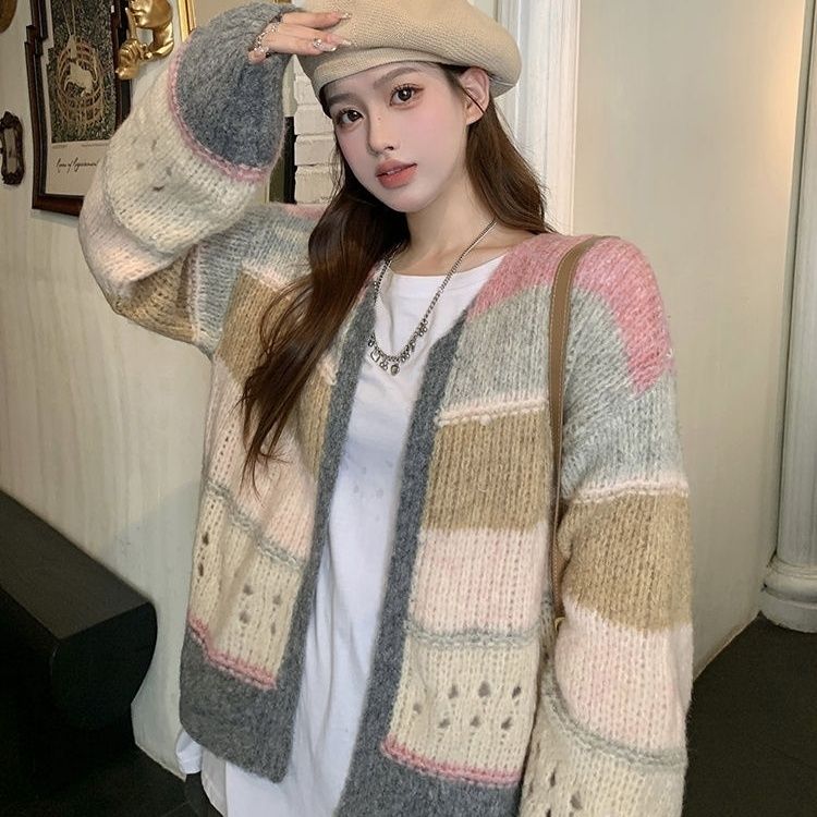 彩色條紋軟糯慵懶風開衫毛衣女秋冬新款時尚洋氣寬鬆顯瘦針織外套