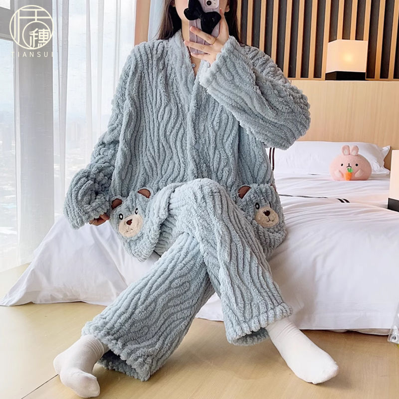 珊瑚絨睡衣女款加厚秋冬季2023年新款可外穿休閒法蘭絨家居服套裝