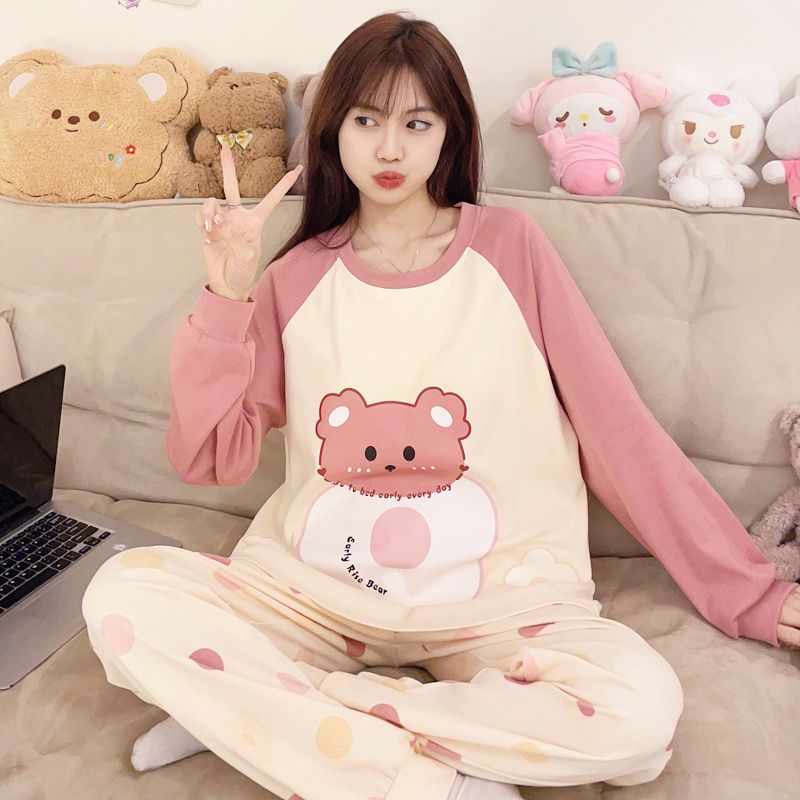 睡衣女士春秋冬款純棉薄款圓領學生少女長袖長褲可外穿家居服套裝