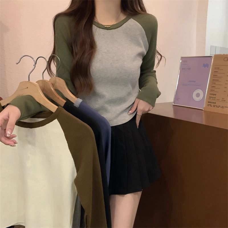 美式設計感小眾插肩長袖女秋冬季ins潮打底衫撞色內搭T恤休閒上衣