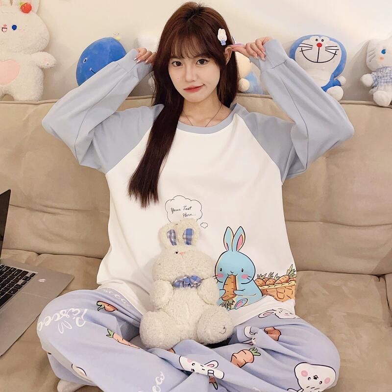睡衣女士春秋冬款純棉薄款圓領學生少女長袖長褲可外穿家居服套裝