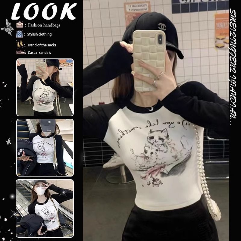 美式復古辣妹風貓咪印花短款上衣春秋ins甜酷少女感拼色長袖t恤女