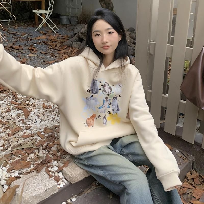 重磅純棉貓咪印花連帽衛衣女秋冬季新款慵懶風中長款情侶帽衫潮牌