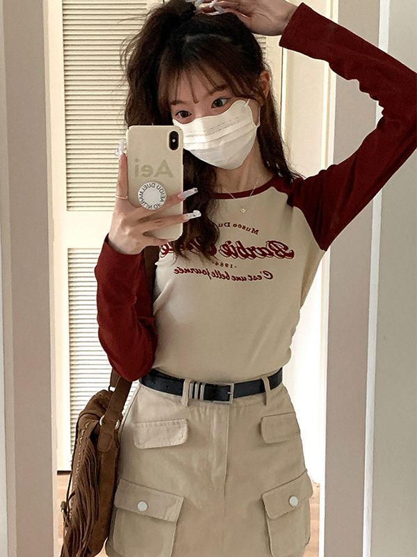 Pure cotton American retro slim-fitting bottoming shirt for women autumn new color matching inner short long-sleeved T-shirt top for small people