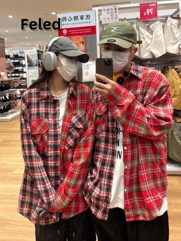 Feila Denton American high street contrasting color splicing pocket plaid long-sleeved shirt for men and women loose and versatile trendy tops