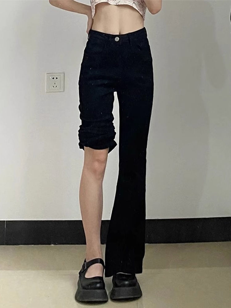 復古辣妹微喇牛仔褲女秋季新款高腰修身顯瘦百搭直筒拖地喇叭褲子