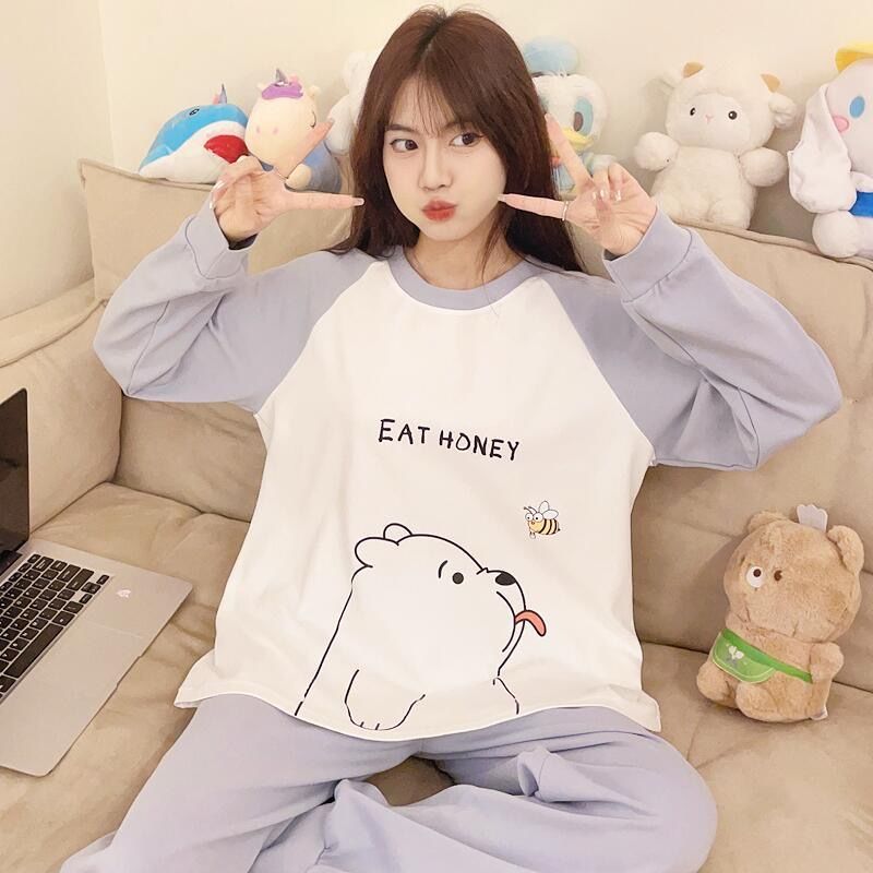 睡衣女士春秋冬款純棉薄款圓領學生少女長袖長褲可外穿家居服套裝