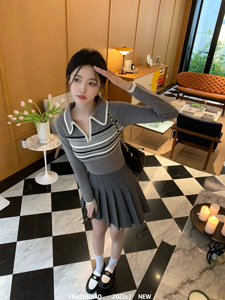 2023polo領條紋長袖針織衫女修身顯瘦韓版設計感小眾毛衣開衫百搭