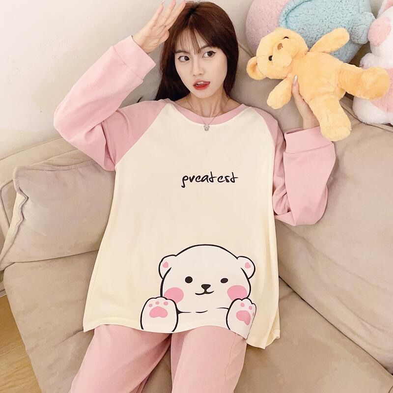 睡衣女士春秋冬款純棉薄款圓領學生少女長袖長褲可外穿家居服套裝