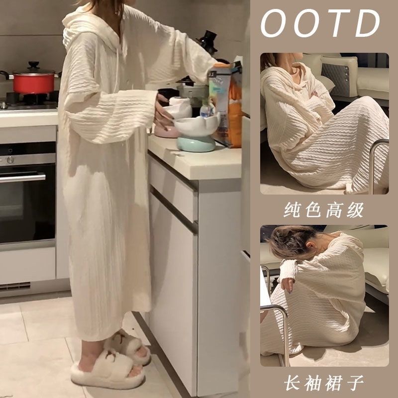 純色簡約長袖睡裙女春秋季新款ins風甜美可愛寬鬆慵懶風睡衣裙子