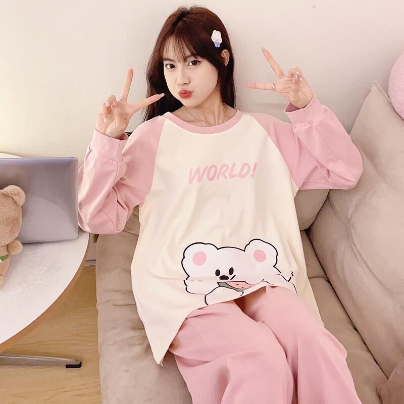 睡衣女士春秋冬款純棉薄款圓領學生少女長袖長褲可外穿家居服套裝