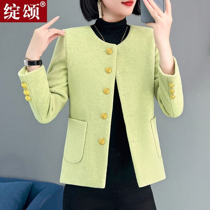 綠色短款西裝外套女秋冬2023新款小香風氣質上衣休閒圓領長袖西服