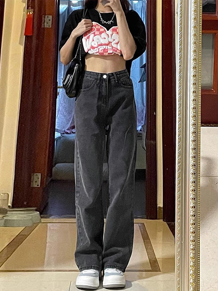 灰色窄版闊腿牛仔褲女秋季新款高腰寬鬆遮肉顯瘦百搭直筒拖地褲子