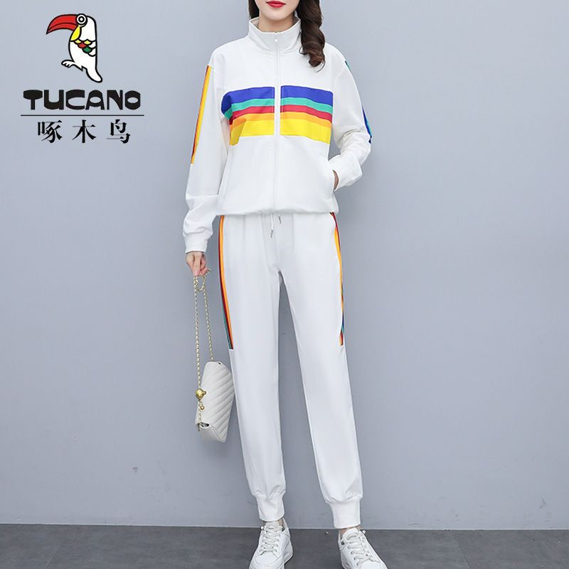 啄木鳥【正品】高檔運動潮裝套裝2023春秋新款白色立領衛衣兩件套