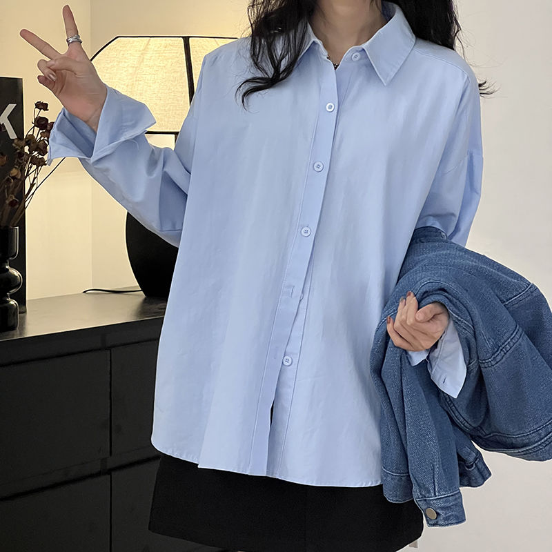 秋季淺藍色襯衫女長袖內搭外穿寬鬆高級襯衣上衣女洋氣秋天衣服
