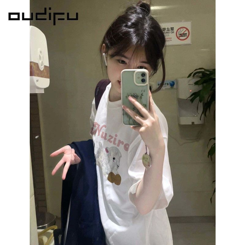 OUDIFU100%純棉百搭短袖t恤女寬鬆高級感小眾甜美休閒夏季上衣ins