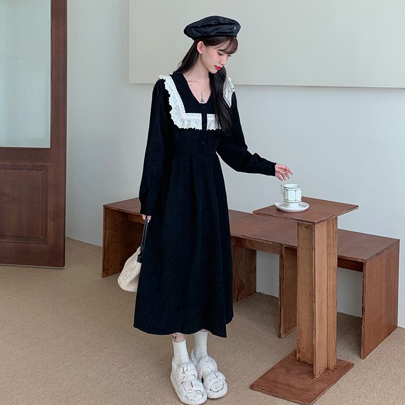 連衣裙2023新款燈芯絨娃娃領學院風復古長袖連衣裙女微胖顯瘦裙子