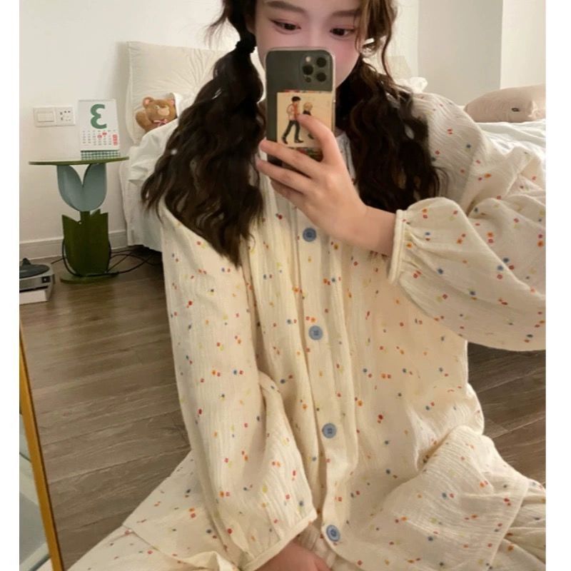 新款韓版ins睡衣女春秋季簡約甜美少女風碎花長袖長褲家居服套裝