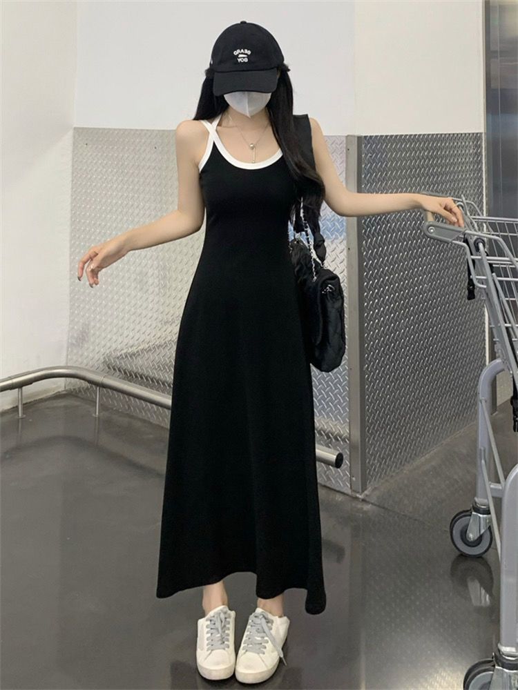 French hottie camisole dress slimming Hepburn style black temperament sleeveless backless dress women's summer long dress