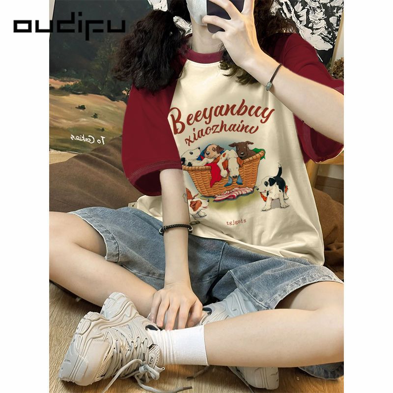 OUDIFU100%純棉短袖夏季新款插肩t恤女寬鬆慵懶風小眾甜美上衣ins