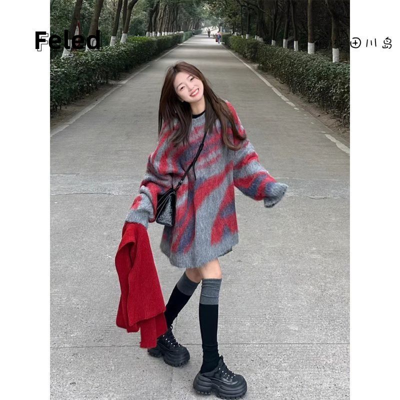 飛拉丹頓秋冬新款撞色漸變色條紋針織衫男女顯瘦慵懶休閒潮上衣