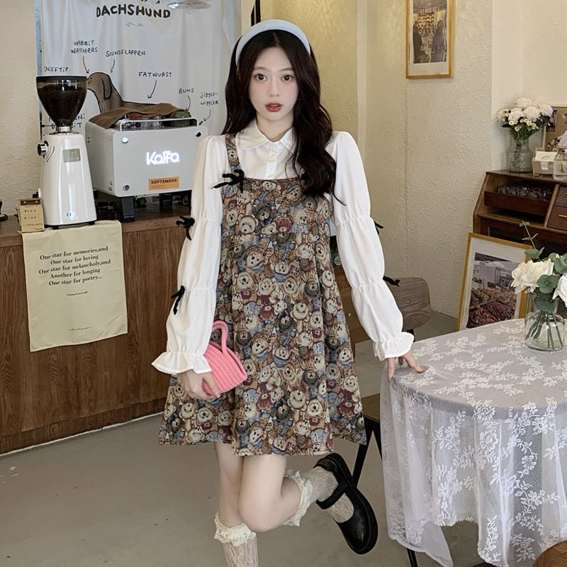 早秋穿搭甜美蝴蝶結長袖襯衫女時尚連衣裙假兩件小熊背帶裙一整套