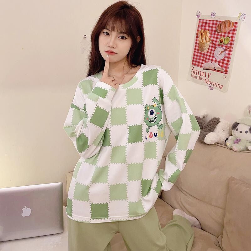 睡衣女士春秋冬款純棉薄款圓領學生少女長袖長褲可外穿家居服套裝
