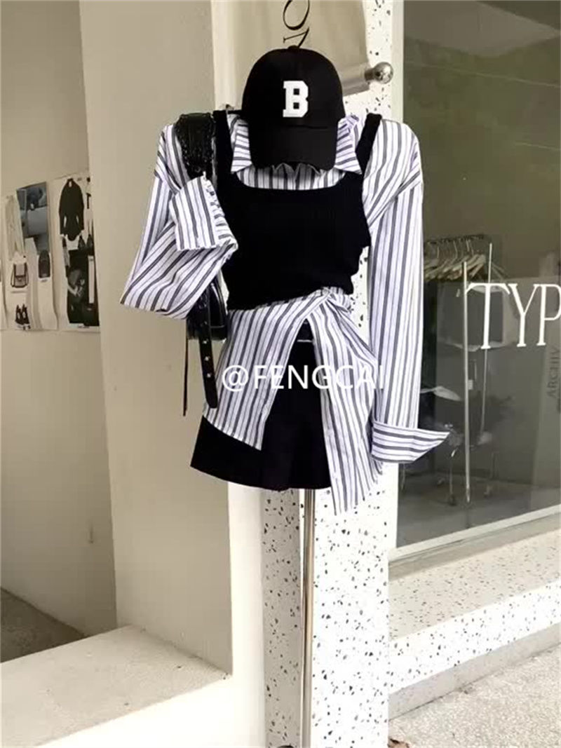 Autumn new Korean Xiaoxiangfeng Yujie casual wear complete set of striped shirt suspender vest shorts suit