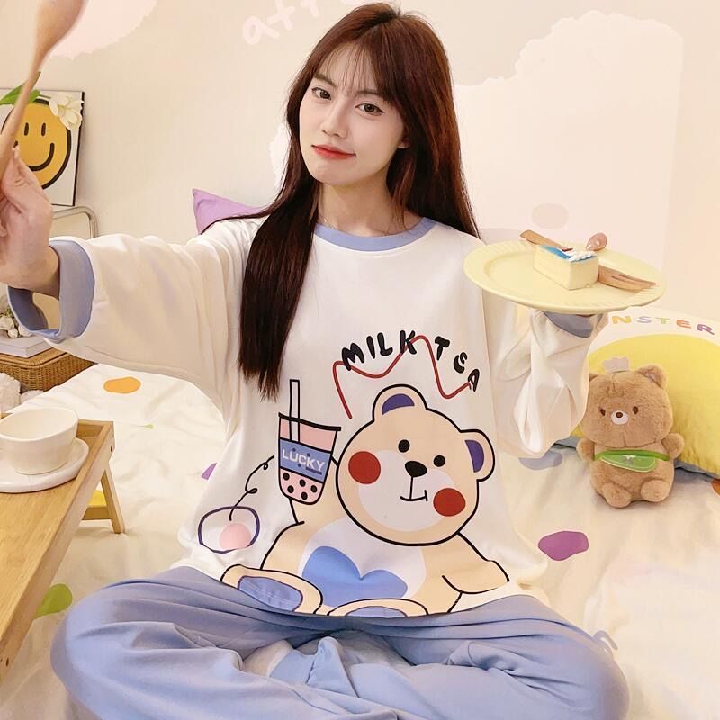 睡衣女士春秋冬款純棉薄款圓領學生少女長袖長褲可外穿家居服套裝