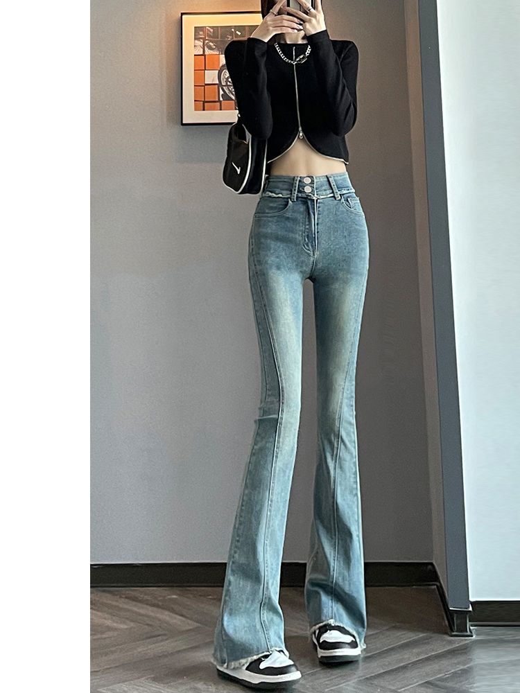 YSYOURS毛邊微喇牛仔褲女春秋高腰顯瘦小個子大碼馬蹄喇叭褲ins潮