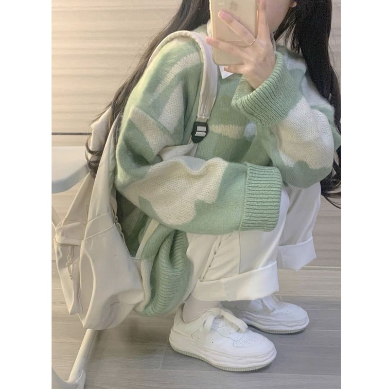 芸栩黛日系復古撞色毛衣女秋冬寬鬆加厚bf軟糯學生內搭針織衫外套