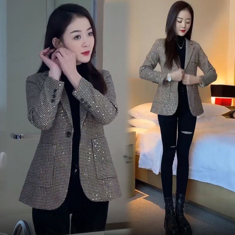 Autumn women's fashion Korean style suit sequined houndstooth suit autumn and winter new casual western style jacket goddess style