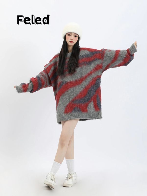 飛拉丹頓美式復古撞色慵懶風毛衣男女小眾氛圍感情侶寬鬆針織衫