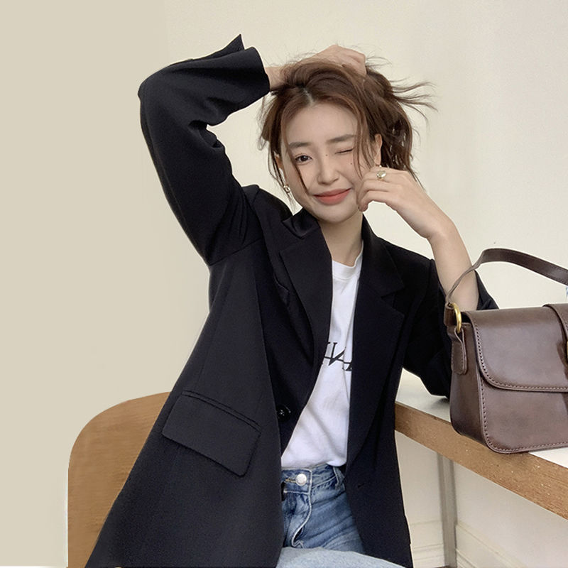 Black small suit jacket for small women 2023 spring and autumn new high-end design niche casual mid-length suit