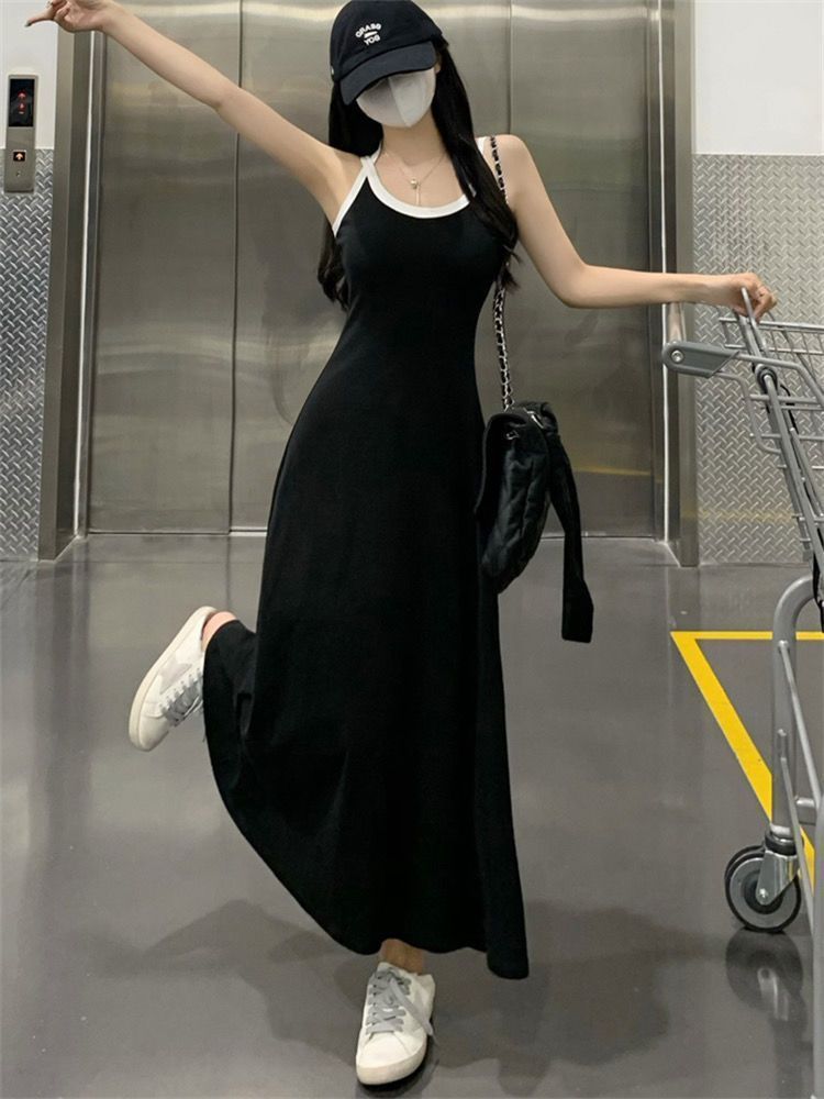 French hottie camisole dress slimming Hepburn style black temperament sleeveless backless dress women's summer long dress