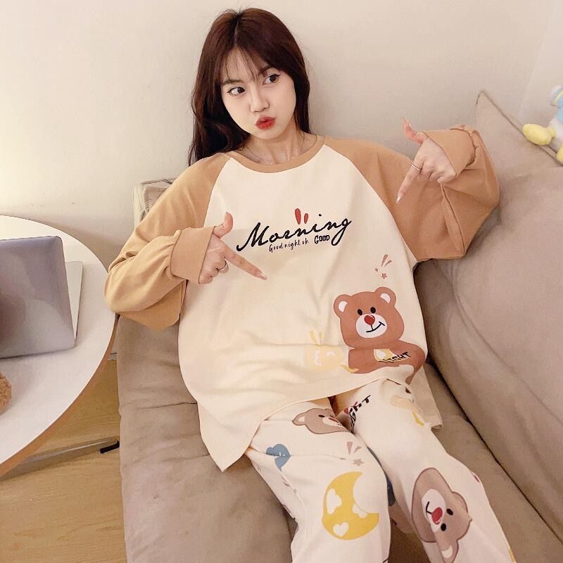 睡衣女士春秋冬款純棉薄款圓領學生少女長袖長褲可外穿家居服套裝