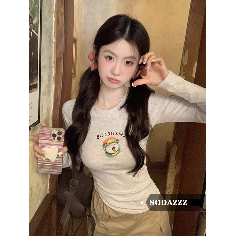 SODAZZZ美式復古漢堡喵印花正肩修身顯瘦長袖T恤女春秋打底衫上衣