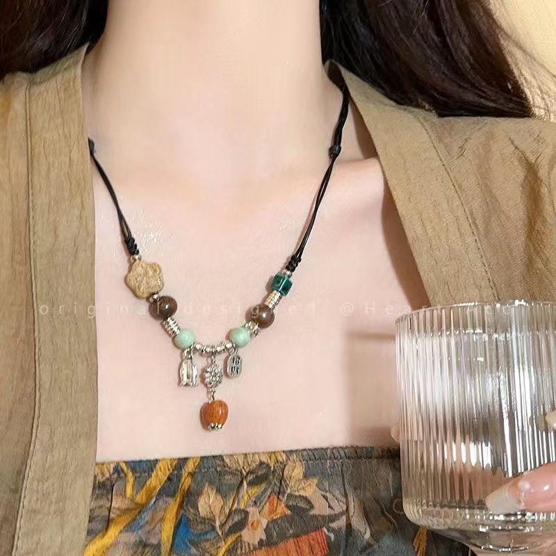 醉夢愛心陶瓷串珠項鍊女新中式復古編織繩頸鏈國風禪意漢服鎖骨鏈