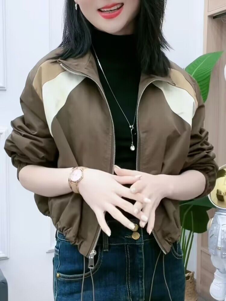 時尚立領短外套女2023春秋新款韓版寬鬆遮肚小個子撞色休閒上衣潮