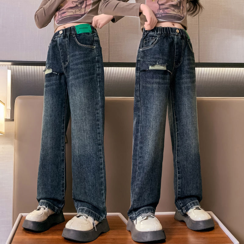女童牛仔褲洋氣闊腿褲2023新款中大童女孩顯瘦百搭春秋款時尚褲子