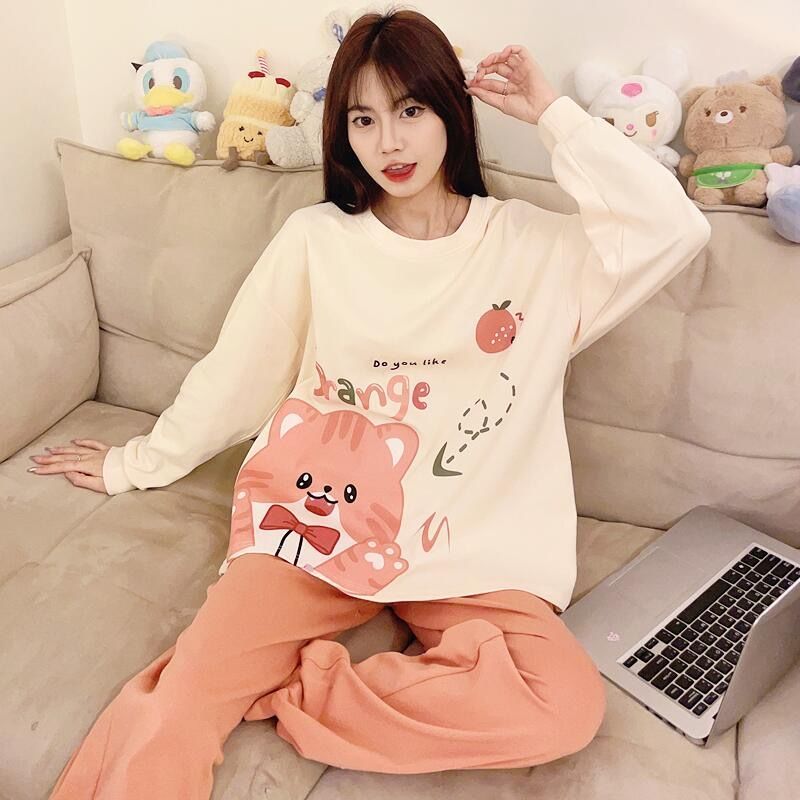睡衣女士春秋冬款純棉薄款圓領學生少女長袖長褲可外穿家居服套裝