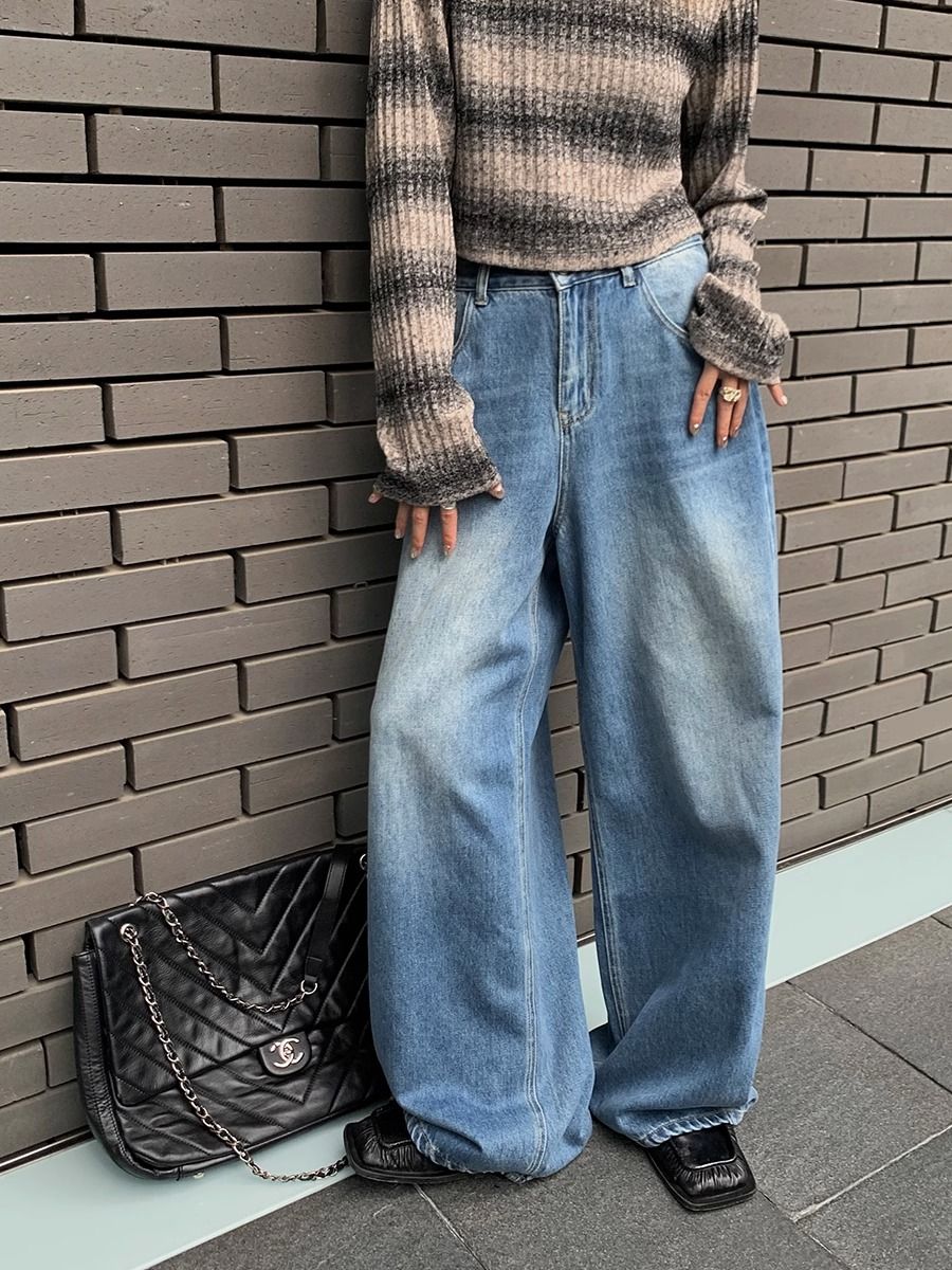 做舊港味復古直筒牛仔褲高腰休閒氣質女2023新款寬鬆顯瘦闊腿褲子