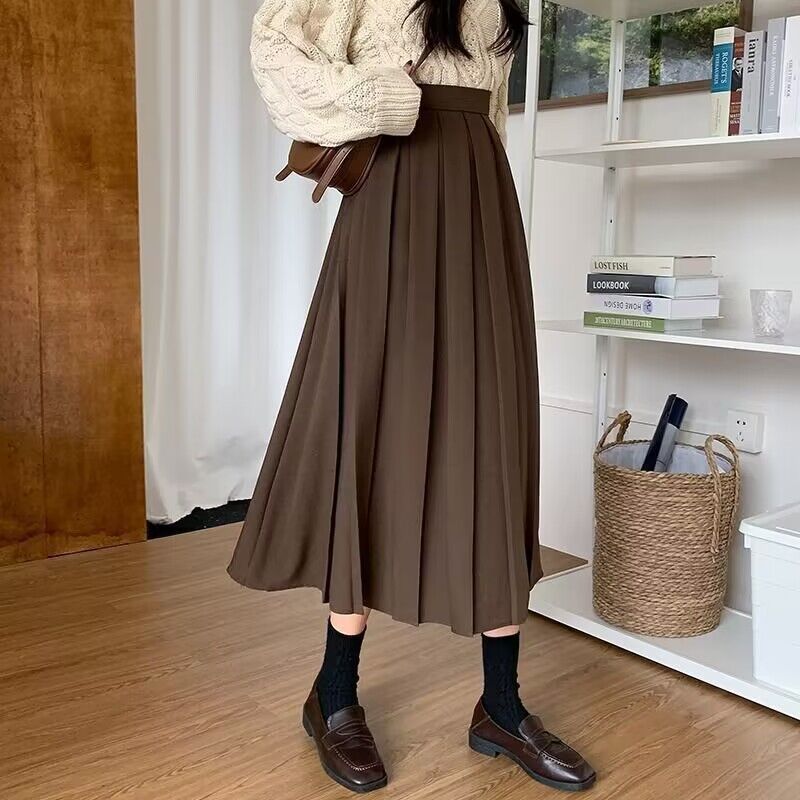 法式复古咖色百褶半身裙女秋季配毛衣高腰a字长裙子半裙伞裙冬季