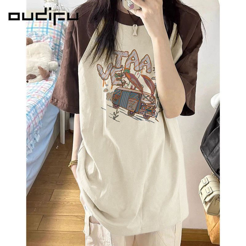 OUDIFU100%純棉拼接插肩短袖t恤女夏季新款寬鬆小眾高街顯瘦上衣